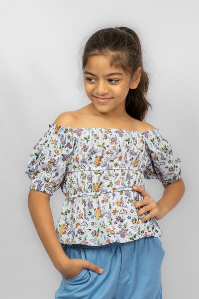 Pinkabuds Girls Blue Printed Top